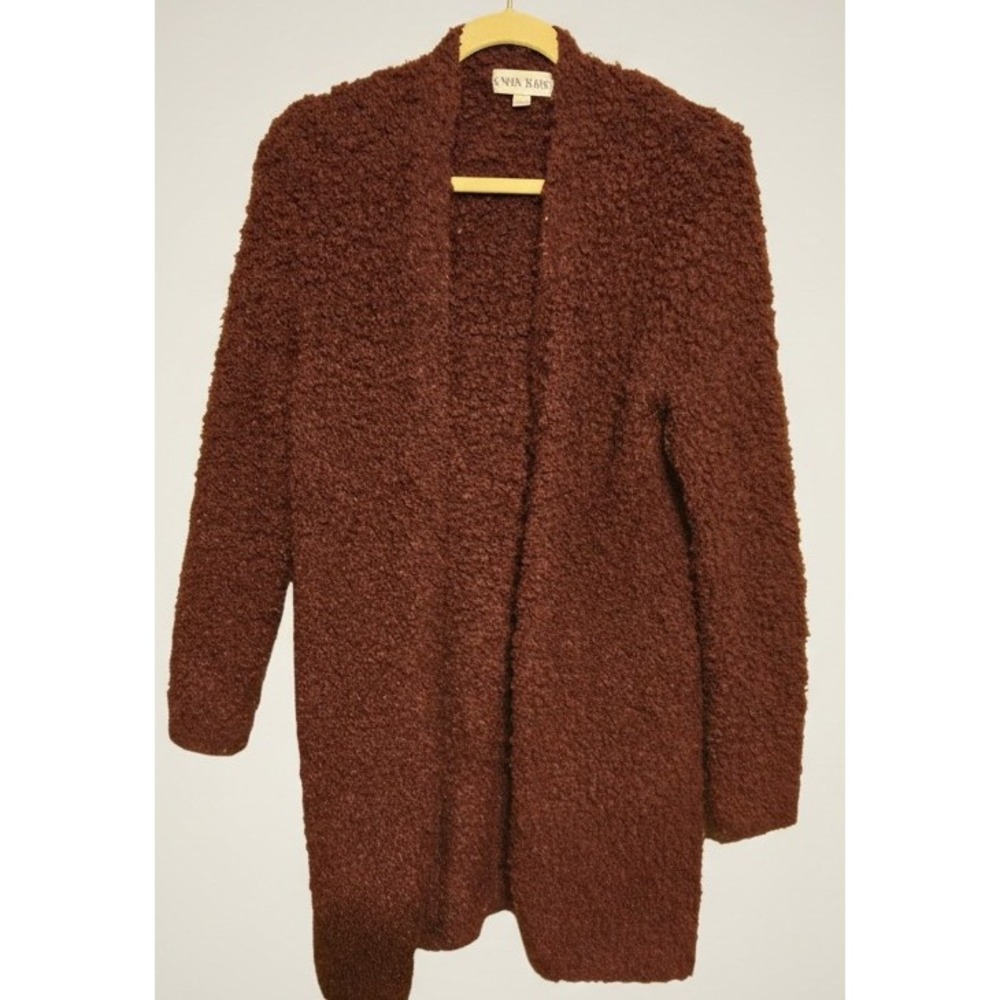 Knox Rose Women's Large Maroon Boucle Open Cardigan Sweater Cozy Long Duster